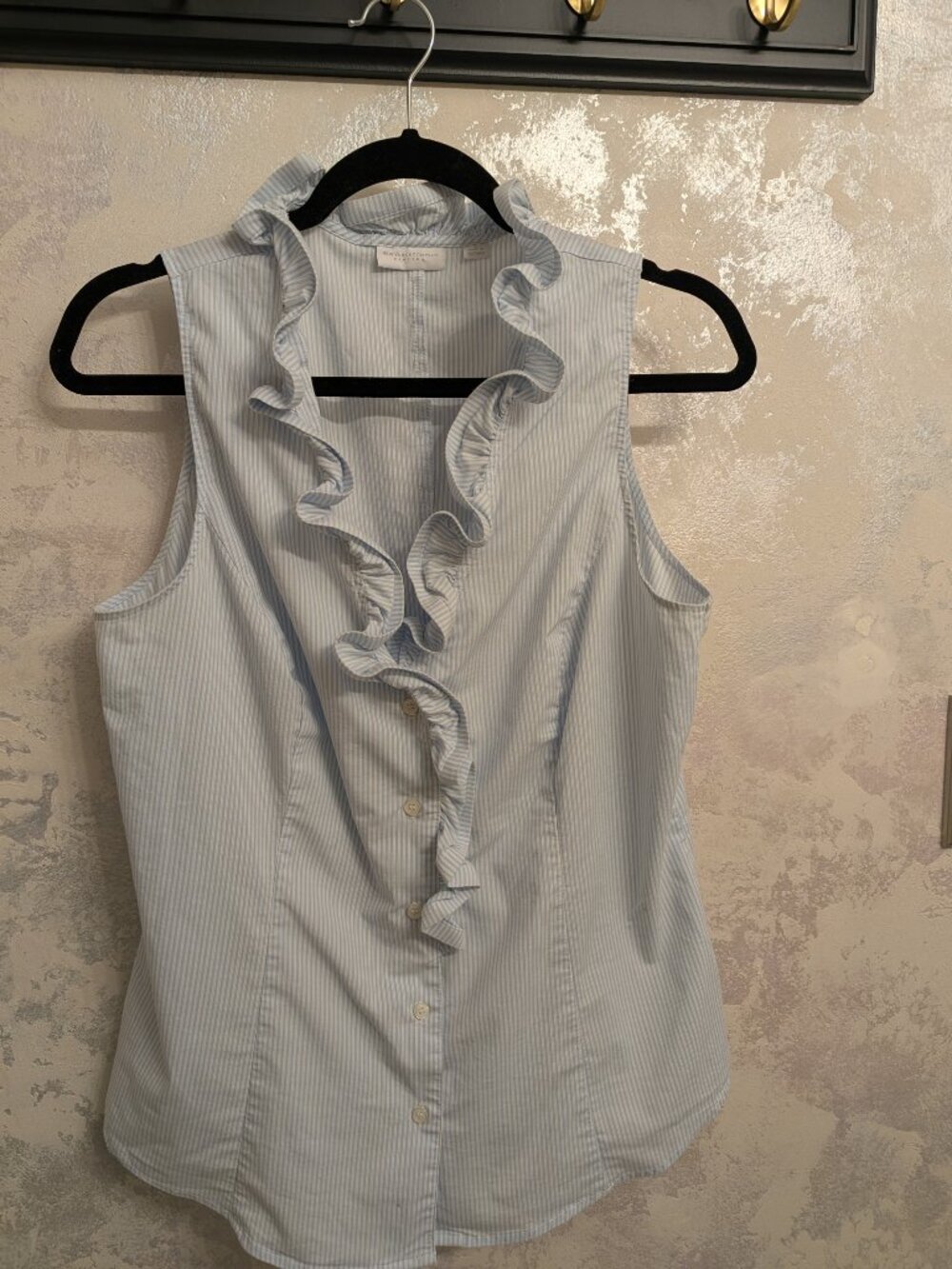 New York & Company Light Blue and White Stripe Ruffle Front Sleeveless Blouse